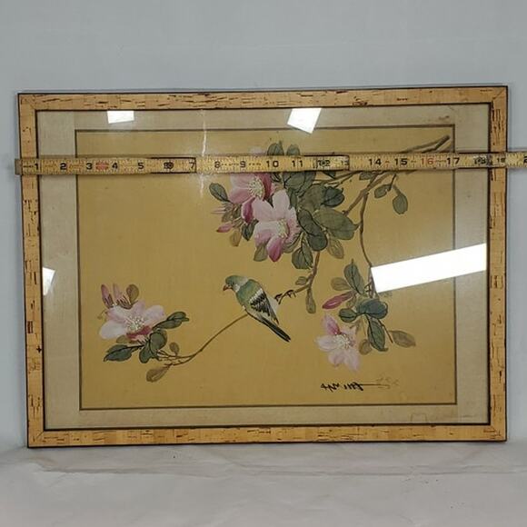 Vintage Bird and Flower Art Print Asian Botanical Bamboo Frame Wall Decor 21x14 - Picture 3 of 3